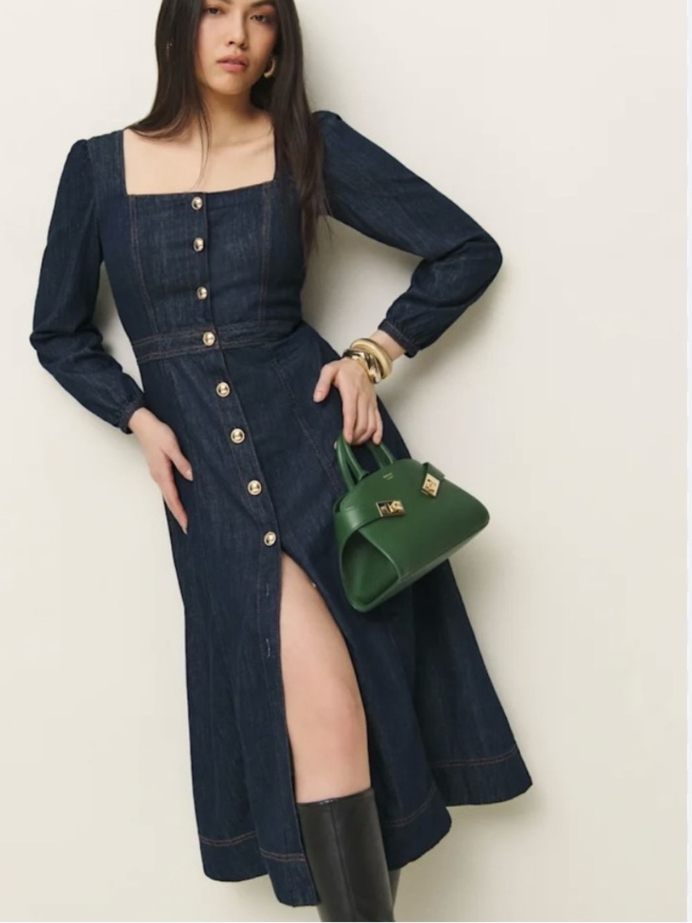Reformation NWT Celeste long sleeve button front denim midi dress cotton sz 2